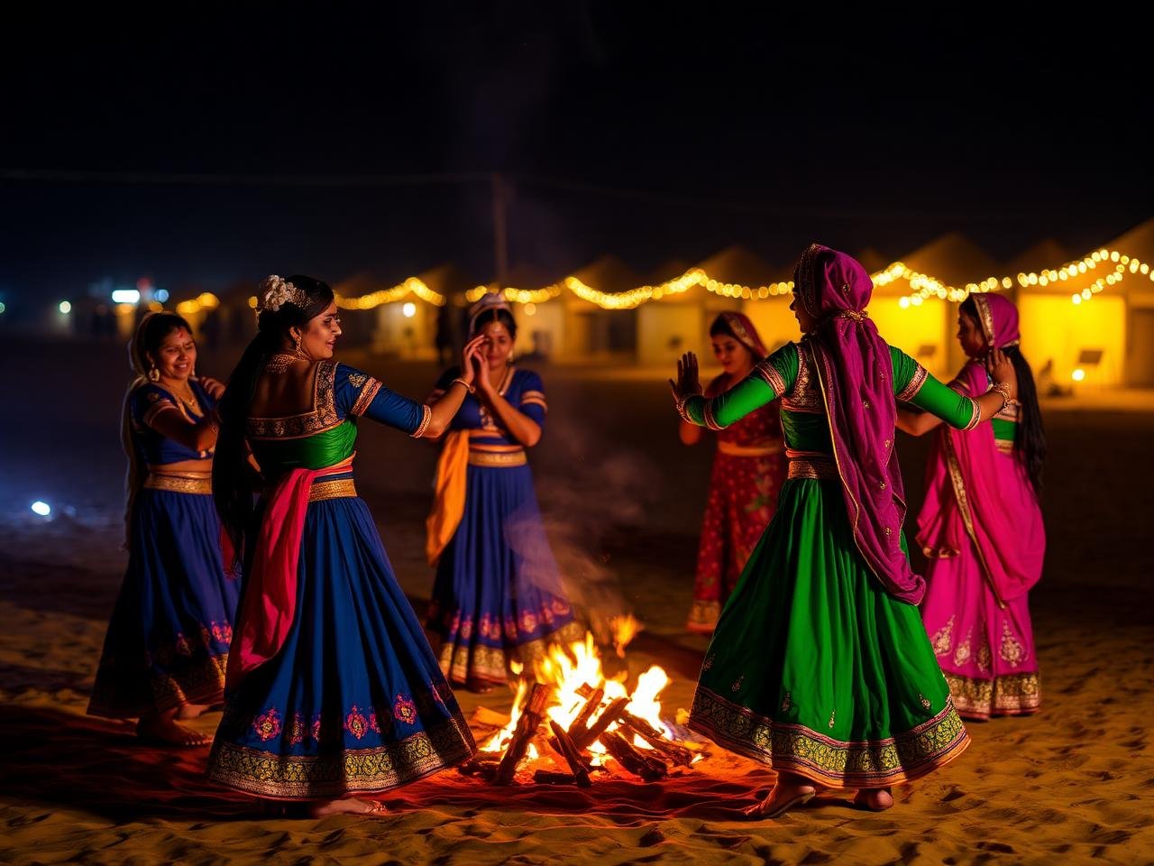 Gujarati folk dancers performing around a bonfire at a Kutch desert camp