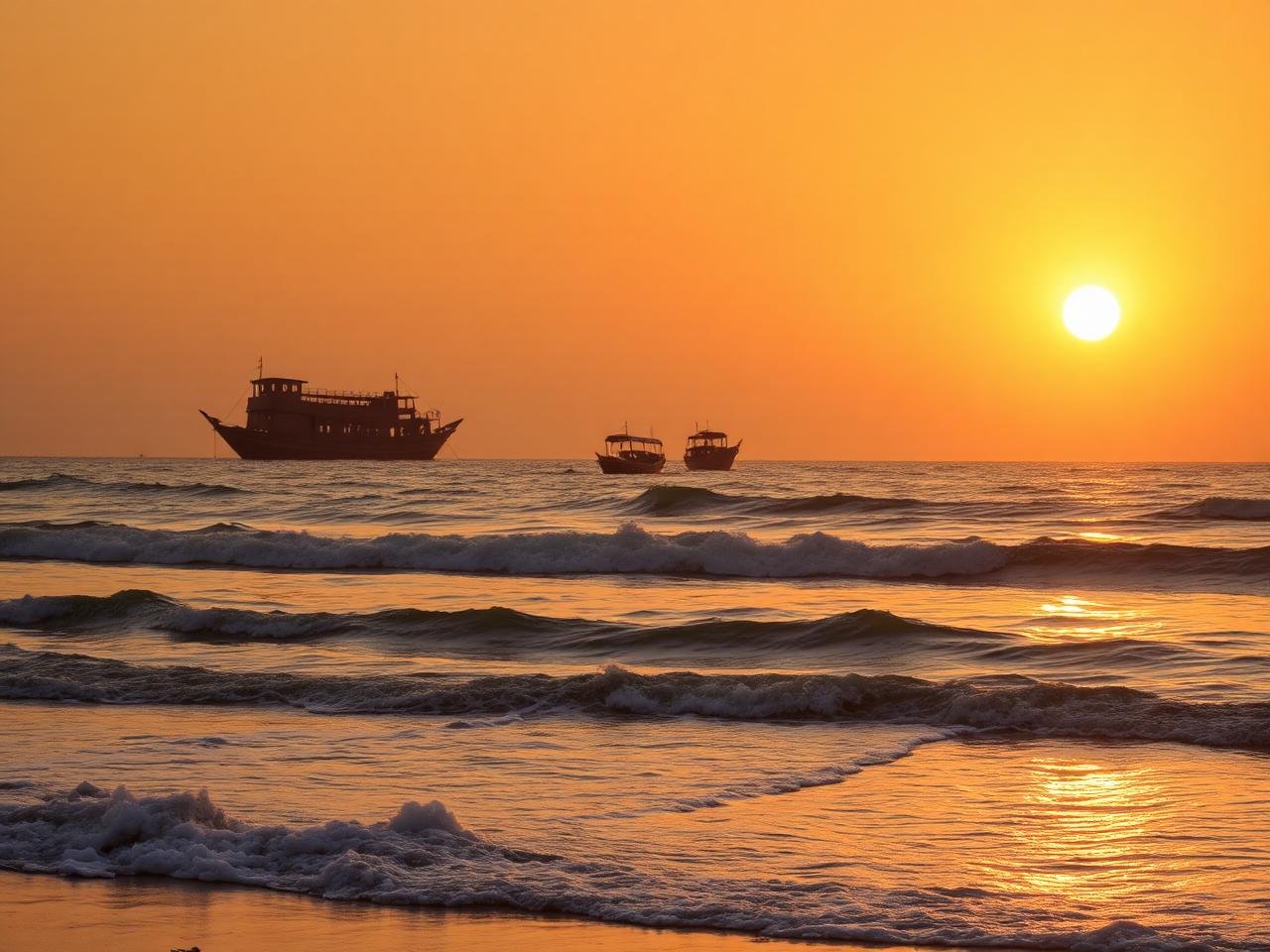 Sunset at Mandvi beach in Gujarat with wooden dhow boats